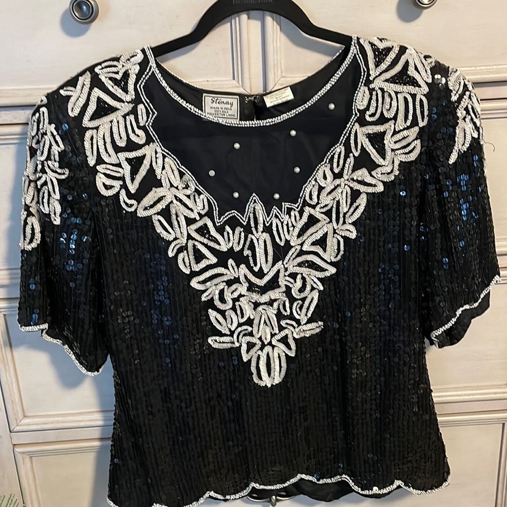 Women’s evening, sequined, elegant, STENAY, silk blouse, large black/white